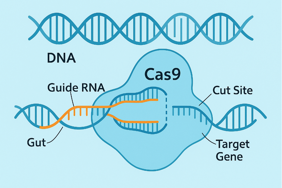 Joonis 1. Lihtsustatud skeem CRISPR-Cas9 poolt DNA ahela muutmisest inimese rakus.